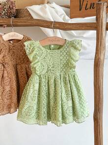 SHEIN Vintaside Kids 女婴梦幻网眼无袖纯色连衣裙，简约风格，适合节日、优雅外出和舒适的居家时刻，春夏季 - 綠色 - 查看 6