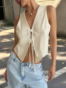 Comfortcana Plus Size Summer Casual Solid Color Sleeveless Shirt With Drawstring Women Sleeveless Tops Linen Tops Women Cotton Tops Women Summer