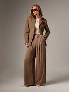 AiiRZ High Waisted Belted Wide Leg Palazzo Trousers With Pleated Design For Women Office Workwear