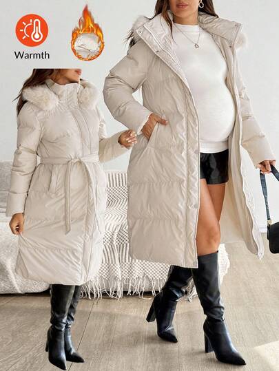 SHEIN Autumn And Winter Maternity Casual Hooded Jacket With Fur Collar, Winter Going Out Tops