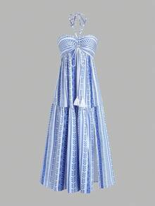 Sweetra Petite Petite Women's Romantic Sweet Halter Neck Maxi Beach Dress, Bohemian Wheat Ear Pattern, High Slit, Dopamine Color, Summer - Blue - View 1