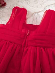 SHEIN Cute & Elegant Red Mesh Bow Sleeveless Dress For Baby Girl - Red - View 4