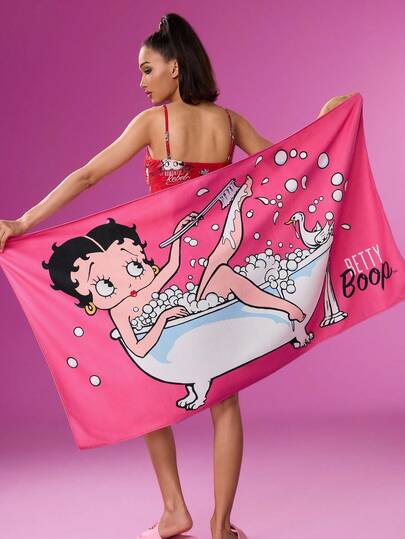 Betty Boop x SHEIN 1pc Rose Red Bath Pattern Bath Towel, Beach Towel, Absorbent And Soft, Not Easy To Pilling, Vacation Supplies, Pink Bath Towel, Microfiber, Absorbent And Not Linting,Gift Ideas,Party,Holiday,Valentine's Day
