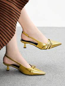 CUCCOO BIZCHIC Tacones de aguja de tacón de gatito con correa trasera dorada para mujer, versátiles para el uso diario, fiestas, uso casual y trabajo