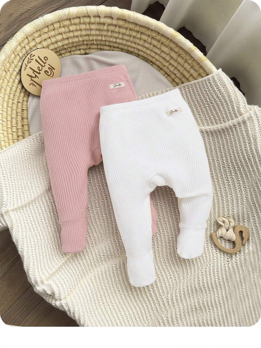 SHEIN 女婴童2入組字母貼布條紋針織緊身打底褲