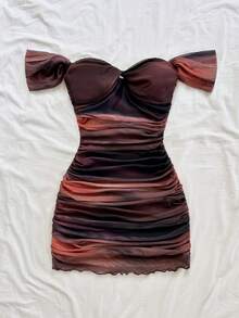 Soleia Đầm bodycon hở vai lưới đan cho nữ, trang phục đi nghỉ - màu nâu - Xem 4