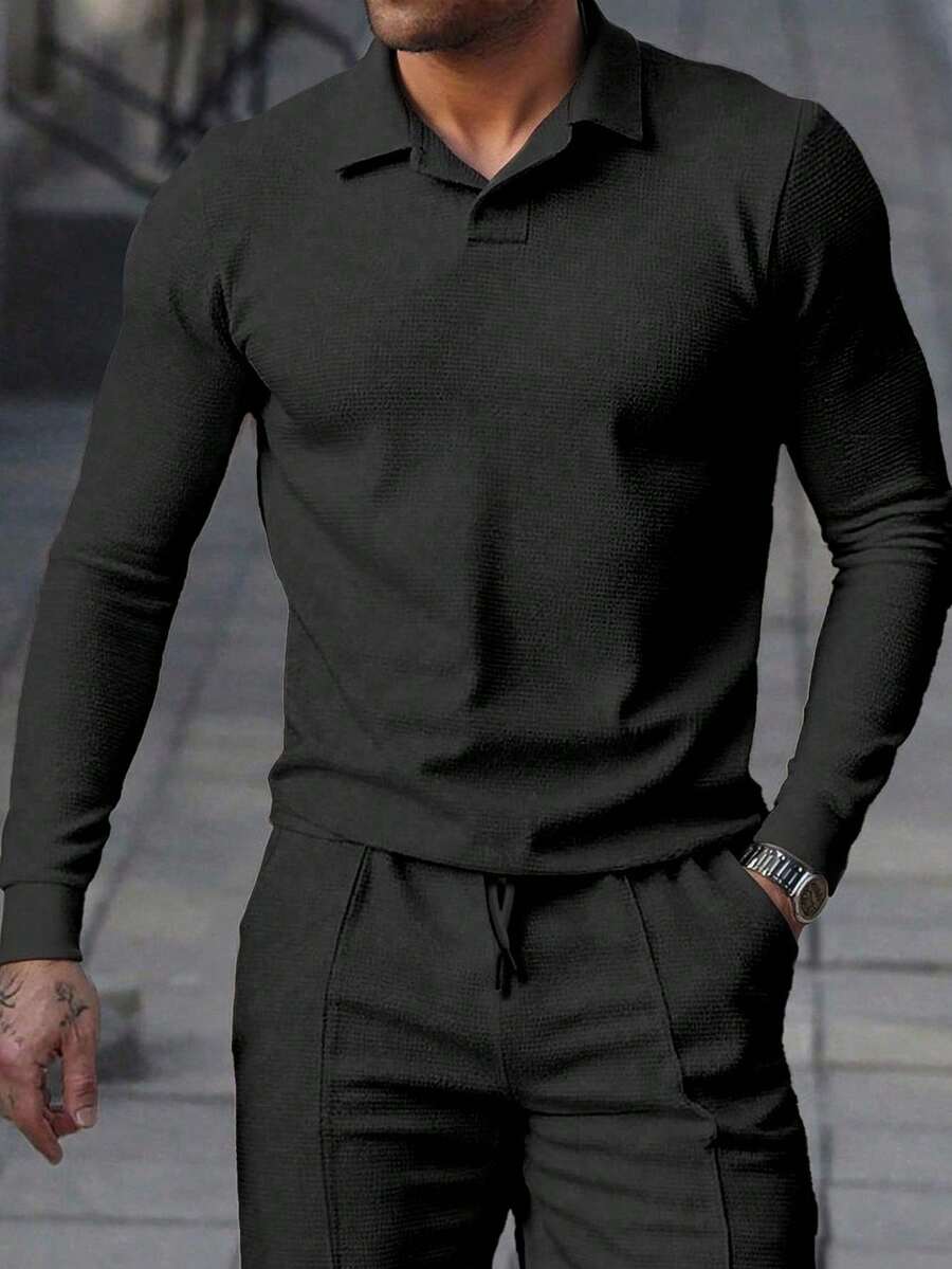 OTTIMOZO Herren Lässig Einfarbiges Langarm Poloshirt, vielseitig für den Herbst - Schwarz - Übersicht 1
