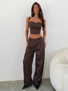 Aloruh 女士秋冬新款商务套装，棕色条纹吊带背心和棕色条纹西装裤两件套，适合通勤、办公室、正式场合 - 棕色 - 查看 8