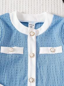 Young Girl Colorblock Faux Pearl Button Patchwork White Ruffle Hem Long Sleeve Dress - Blue - View 5