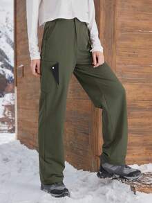 SHEIN In My Nature Pantalones rectos y sueltos de senderismo con bolsillos y parches para mujer, de estilo deportivo casual - Verde militar - Ver 3