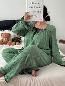 Dream Adore Ensemble pyjama femme casual avec Top à manches longues col rond, volants, nœud papillon et contraste de couleurs, et pantalon. grande taille, vêtements d'hiver - Vert - Voir 3
