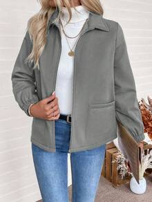 EMERY ROSE 女士休闲拉链保暖长袖外套，秋冬季 - 淺灰色 - 查看 5