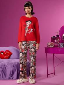 Betty Boop x SHEIN 女士红色贝蒂豹纹卡通图案落肩上衣和裤子睡衣套装秋冬圣诞睡衣套装新年秋装 - 紅色 - 查看 3