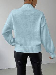 SHEIN LUNE 女式休闲图案落肩宽松针织毛衣，秋冬 - 藍色 - 查看 2