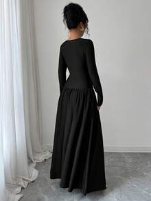 Elenzga 新款女士斜领长袖褶皱蝴蝶结设计A字收腰显瘦度假休闲优雅长裙，春秋季 - 黑色 - 查看 2