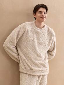 复古英伦风舒适休闲双面绒面提花圆领套头衫外套，适合男士居家穿着，蓬松柔软，冬季保暖舒适 - 米色 - 查看 5