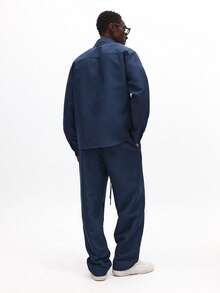 SUMWON 男士修身长袖衬衫套装，含配套套头裤，商务休闲海军蓝纯色套装 - 寶藍色 - 查看 2