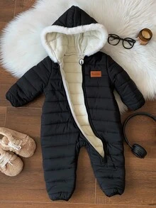 Newborn Baby Boy Unisex Thermal-Lined Hooded Jumpsuit, Thick Winter Snowsuit