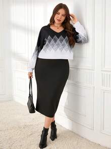 EMERY ROSE Plus Size Women Casual Ombre Rhombus Print V-Neck Loose Sweatshirt And Sleeveless Dress 2 Piece Set, Elegant Dresses For Women, Plus Size Office Wear, Casual Dresses  2 Piece Set For Women, Autumn/Winter,2025 New