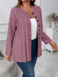 大码女式纯色麻花图案长袖休闲针织开衫，秋冬 - 珊瑚粉 - 查看 5