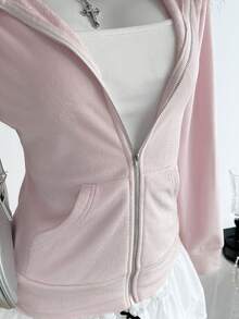 Sweetra Vintage Cropped Sweatshirt Fuzzy Zip-Up Sweatshirt Jacket For Women, Pink, Autumn/Winter - Pink - View 6