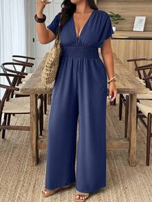 SHEIN PETITE CURVE Plus Size Solid Color Shirred Jumpsuit, Casual & Versatile Short Sleeve