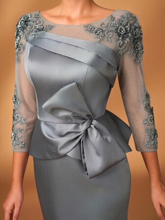 Serin Elegant Luxurious Embroidered Lace Applique Sheer Long Sleeve Satin Patchwork Bow Design Fishtail Dress, Suitable For Weddings, Parties, Vacations, Galas, Bridal Shower, Mother Of The Bride Formal Gown