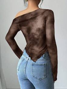 Firerie Women's Tie Dye Floral Off-Shoulder Long Sleeve Fitted Casual T-Shirt, Minimalist Fashion, Suitable For Daily Wear, Long Sleeve Floral Mesh T-Shirt Blouse, Spring Summer Autumn Clothing, Elegant, Commute, Casual, Daily, Minimalist, Work Attire