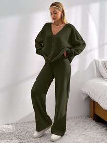 SHEIN Tall Tall Size Women Solid Color Casual Drop Shoulder Cardigan & Tie Front Knit Pants For Everyday Wear - Army Green - View 5