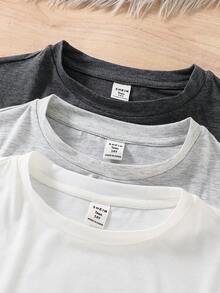 SHEIN 3 件套青少年男孩休闲徽标和标语印花圆领长袖 T 恤，经典简约百搭百搭，适合圣诞节、居家、通勤、学校、日常休闲、度假、户外、派对、秋冬 - 彩色 - 查看 5