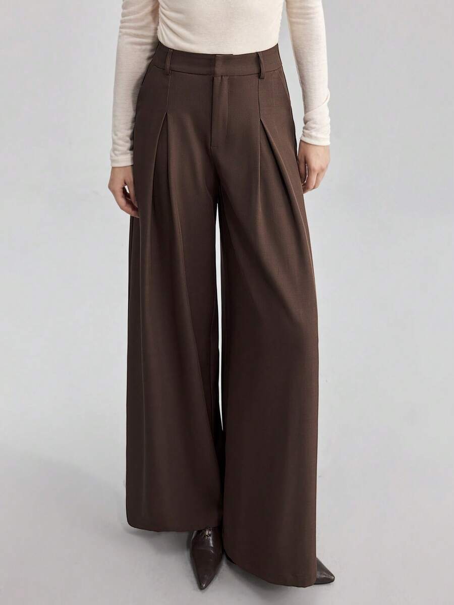 Ontre 2025秋冬新款都市优雅浪漫职场百搭通勤商务休闲棕色梭织阔腿裤 - 棕色 - 查看 1