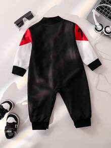 SHEIN Toddler Boys' Patchwork Collar Chest Print Jumpsuit, Casual Fashionable Cool Style, Suitable For Outdoor And Indoor Wear, Spring/Autumn - Multicolor - View 2