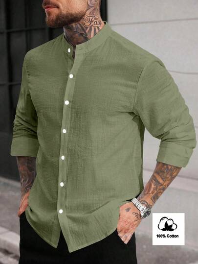 Manfinity Homme Camisa de manga larga casual de unicolor con cuello mandarín y botones delanteros para hombre, Kurta de algodón para hombre, Camisa de lino para hombre, Formal