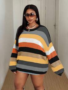 Maweii Plus Size Women Contrast Stripe Hollow Out Round Neck Casual Sweater - Black - View 5