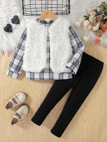 Bộ 3 món thời trang thu đông cho bé gái, gồm áo sơ mi dài tay kẻ caro, áo khoác vest mềm mại và quần legging đen, thanh lịch và dễ thương, đa năng khi đi làm - Đen và trắng - Xem 4