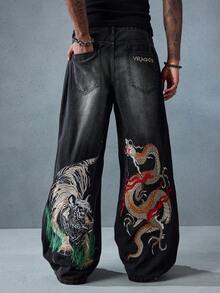 ROMWE MEN Anime Quần jean ống rộng dáng rộng thêu rồng Trung Quốc cho nam - màu đen - Xem 9