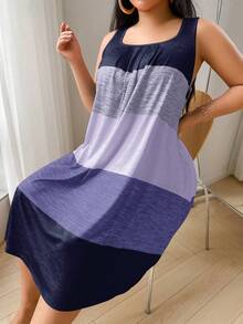 SHEIN 女士加大码休闲条纹无袖短款睡裙，方领柔软针织面料，夏季条纹连衣裙，女士吊带无袖连衣裙，宽松睡裙 - 藍色 - 查看 5