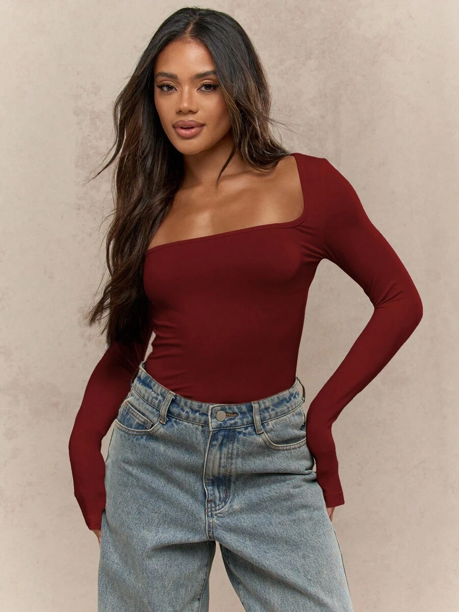 MISSGUIDED Long Sleeve Square Neck Fitted Bodysuit For Women Fall Winter Layering Essential