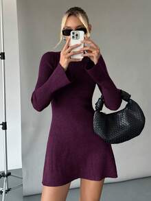 Siren Gaze 冬季女高领毛衣裙保暖针织打底裙喇叭袖A字裙修身显瘦毛衣裙长袖连衣裙连衣裙 - 紫色 - 查看 6