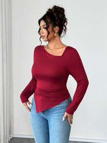 Cravure Christmas Plus Size Women Asymmetric Neck Ruched Waist Sexy Elegant Slim T-Shirt