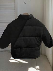 SHEIN 年轻男孩休闲日常运动厚灯芯绒灯芯绒宽松加厚立领绗缝外套，适合秋冬穿着，室内、户外、滑雪、玩雪 - 黑色 - 查看 2