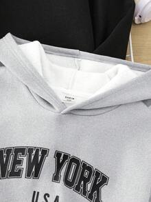 3 件套青少年男童休闲字母印花连帽长袖针织运动衫，黑色、灰色、红色，适合秋冬季 - 紅色 - 查看 3