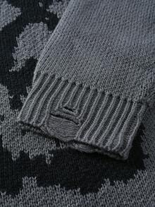 Manfinity EMRG 全新秋冬博主时尚做旧提花图案男士套头毛衣 - 深灰色 - 查看 5