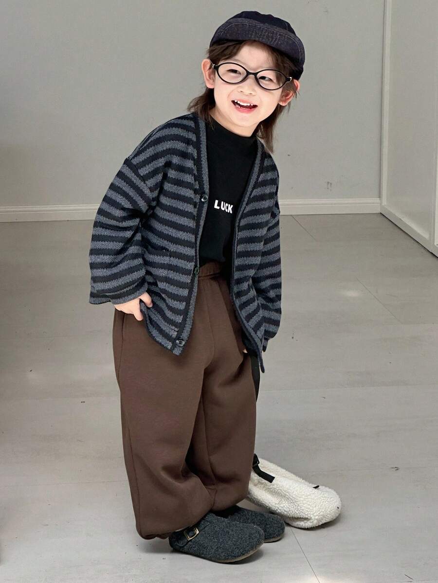DAZY 小男孩条纹落肩长袖单排扣夹克和裤子休闲套装，秋冬 - 深灰色 - 查看 1