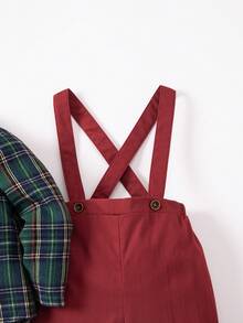 SHEIN 男婴都市学院风可爱绿色格子长袖翻领衬衫和松紧腰连体裤绅士装套装 - 彩色 - 查看 12