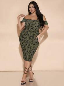 SHEIN BAE Plus Size Olive Green Summer Elegant Women Off Shoulder Ruched Midi Dress, Floral All-Over Print Flocked Wedding Guest Birthday Party Clothes - Army Green - View 1