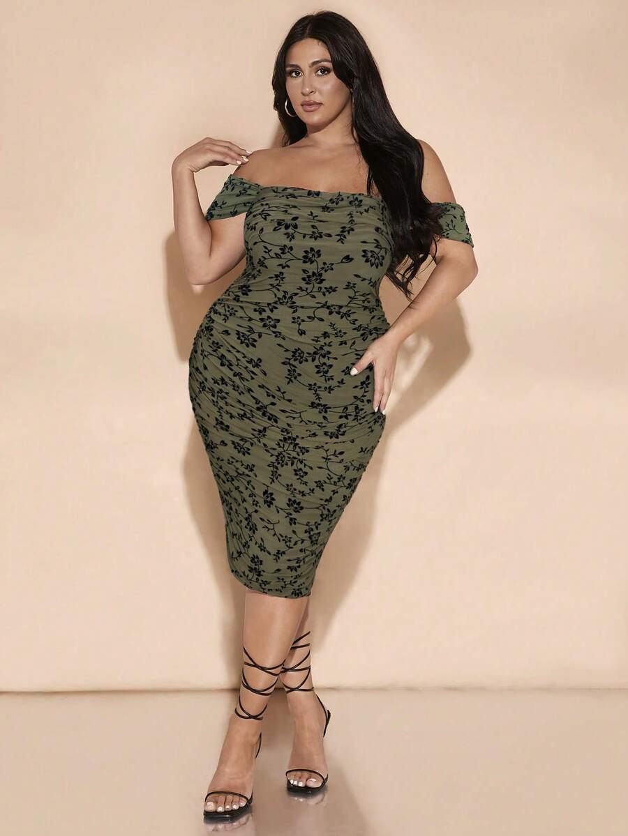 SHEIN BAE Plus Size Olive Green Summer Elegant Women Off Shoulder Ruched Midi Dress, Floral All-Over Print Flocked Wedding Guest Birthday Party Clothes - Army Green - View 1