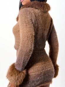 SUMWON WOMEN Fluffy Knit Cropped Cardigan With Fur Collar And Cuff Trim Button Front Winter Sweater - Brown - View 6