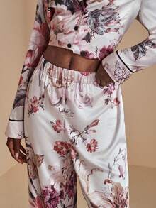 JIAN LASALA 多色印花缎面丝绸般低腰弹力阔腿睡裤睡衣奢华时尚服饰系列优雅下装 - 彩色 - 查看 7