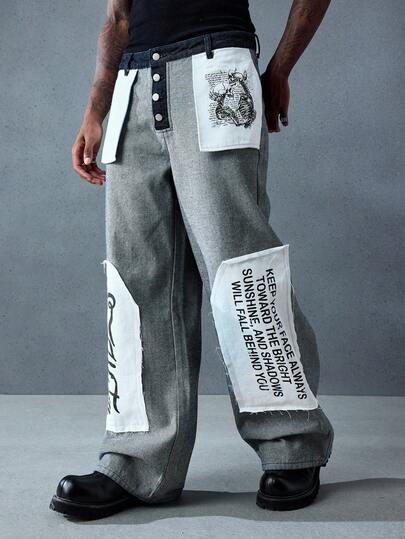 Street Life Jeans en denim ample à imprimé slogan patchwork bicolore pour hommes